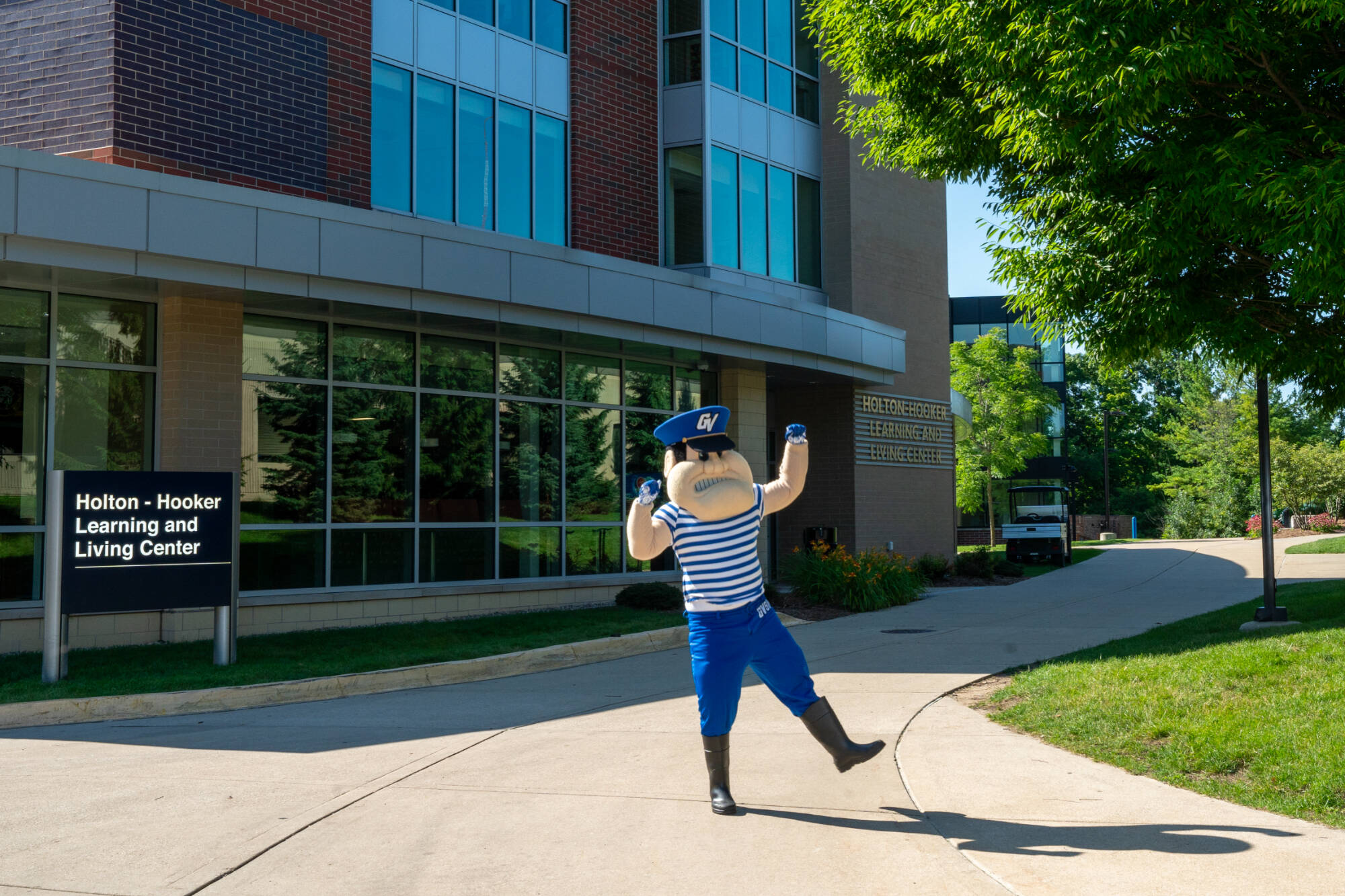 Louie The Laker in front of Holton-Hooker Learning and Living Center